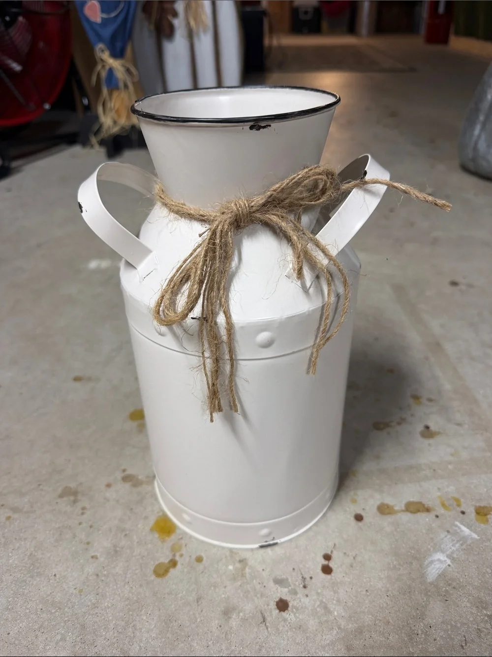 White Decorative Metal Milk Can with Jute Bow